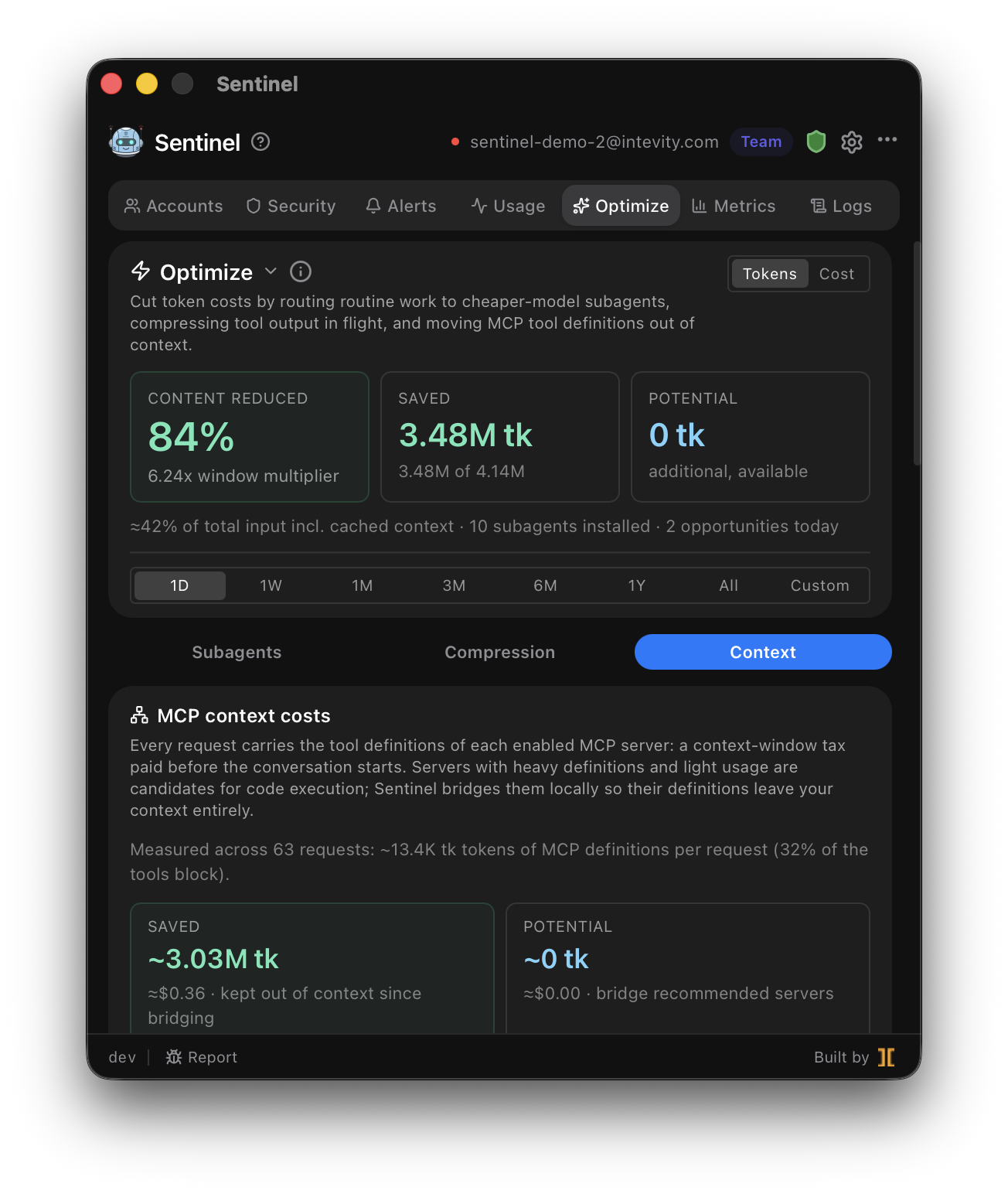 The Optimize dashboard with realized and potential savings