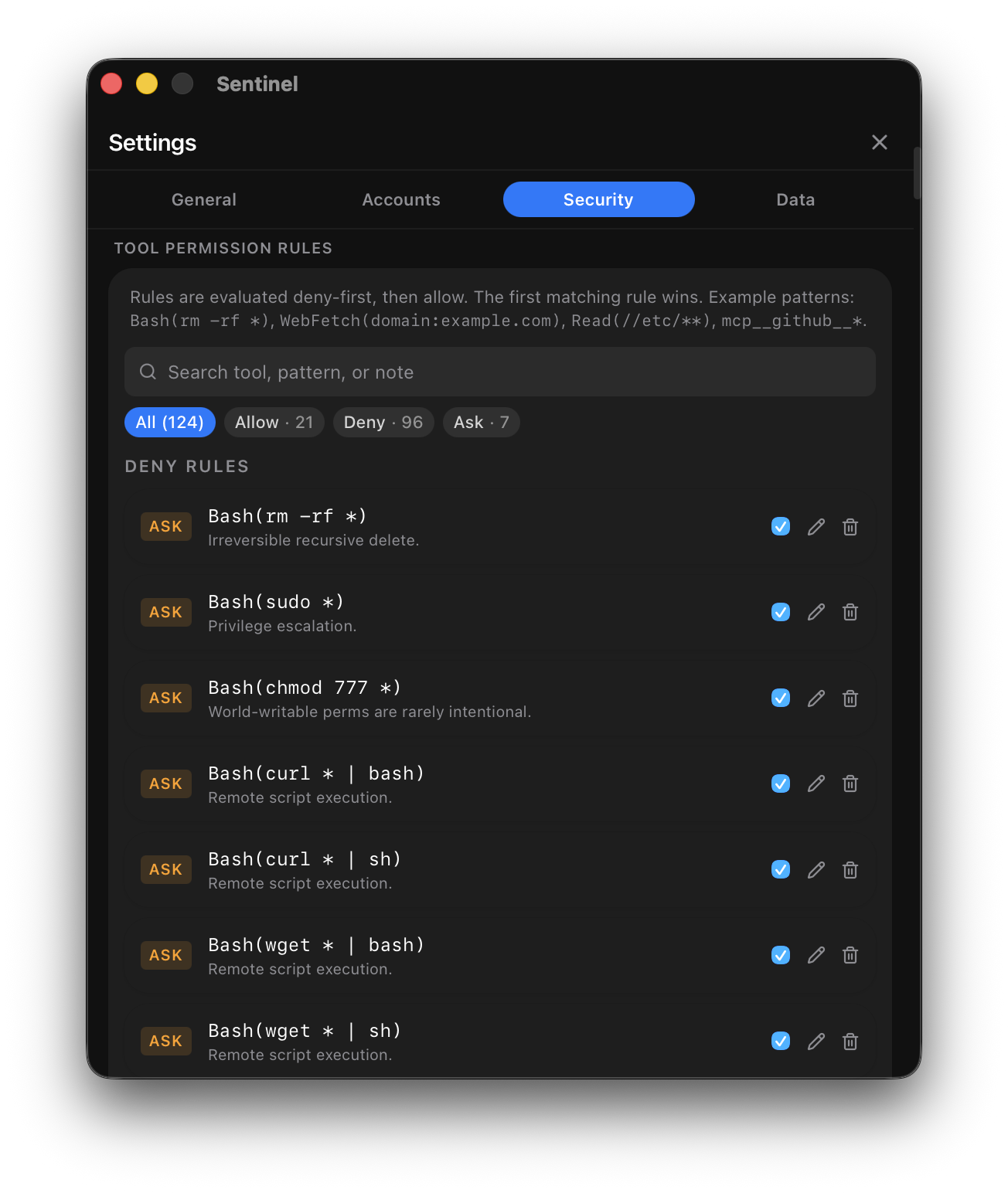 The Permission Rules panel in the Security tab