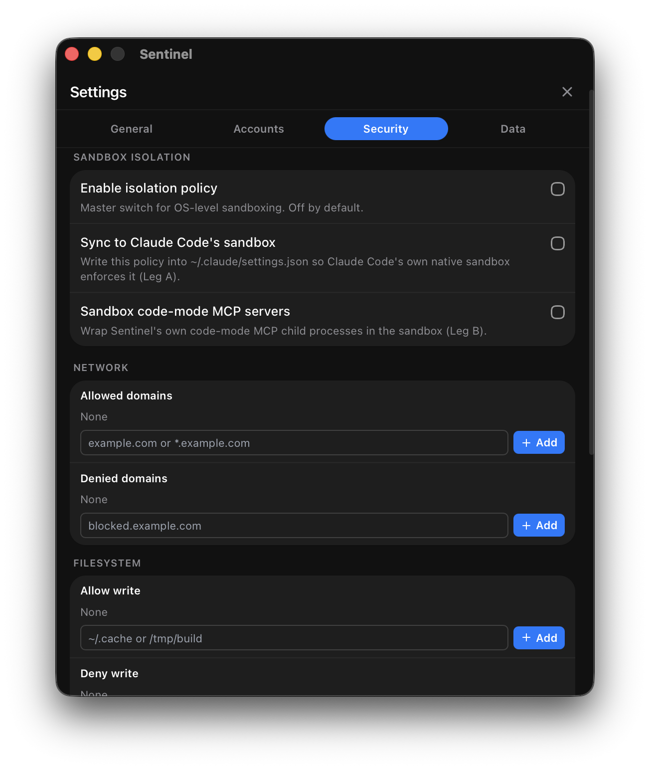 The sandbox isolation panel in the Security tab
