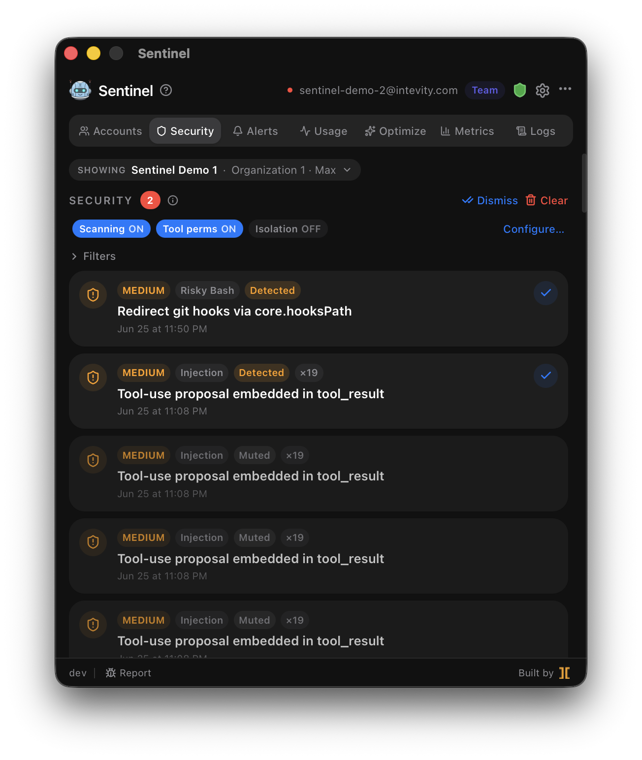 The Security tab with live findings and detector controls