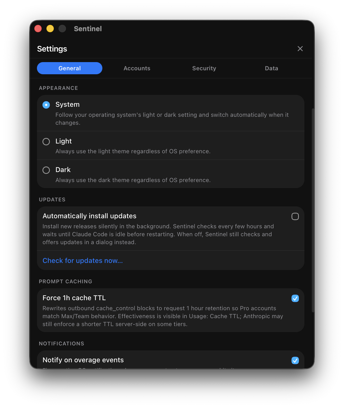 The Settings panel