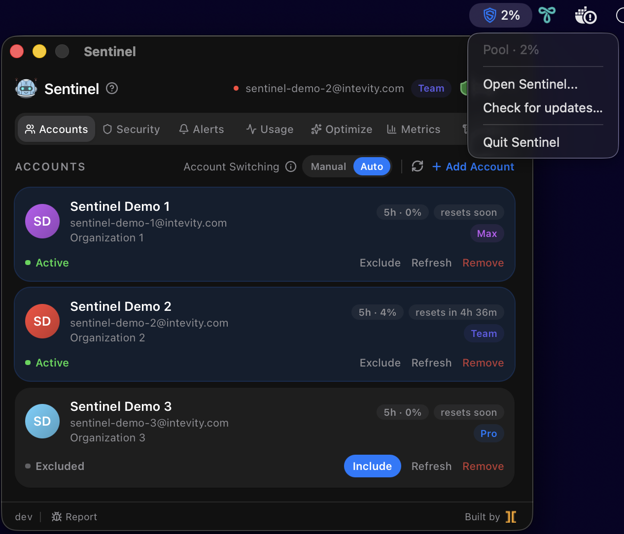 The Sentinel tray menu