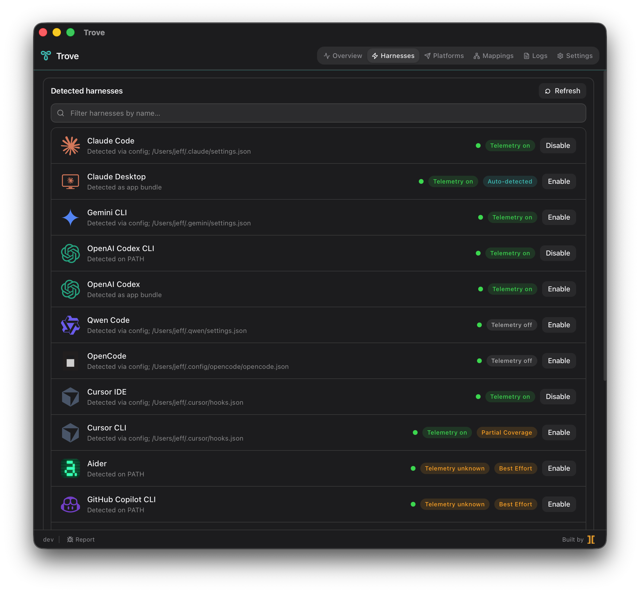 Harnesses tab showing auto-detected AI coding tools with per-row Enable/Disable toggles, telemetry status pills, and coverage badges