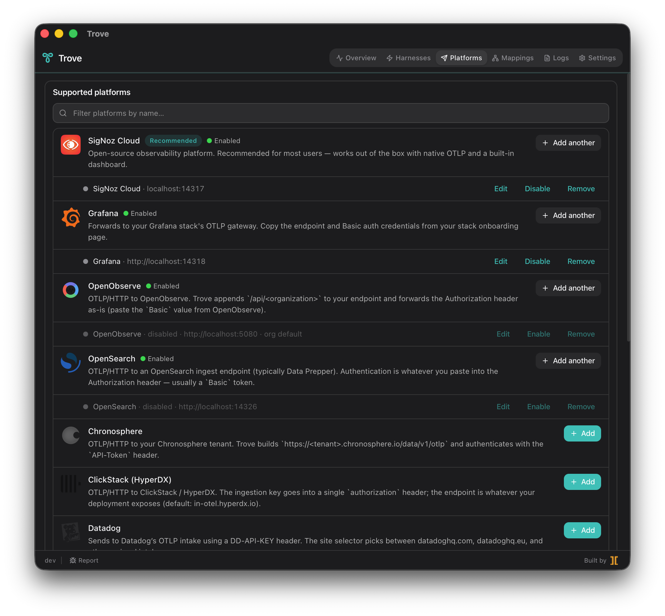 Platforms tab showing supported backends with per-instance Add / Edit / Disable / Remove controls, recommended ordering, and health status